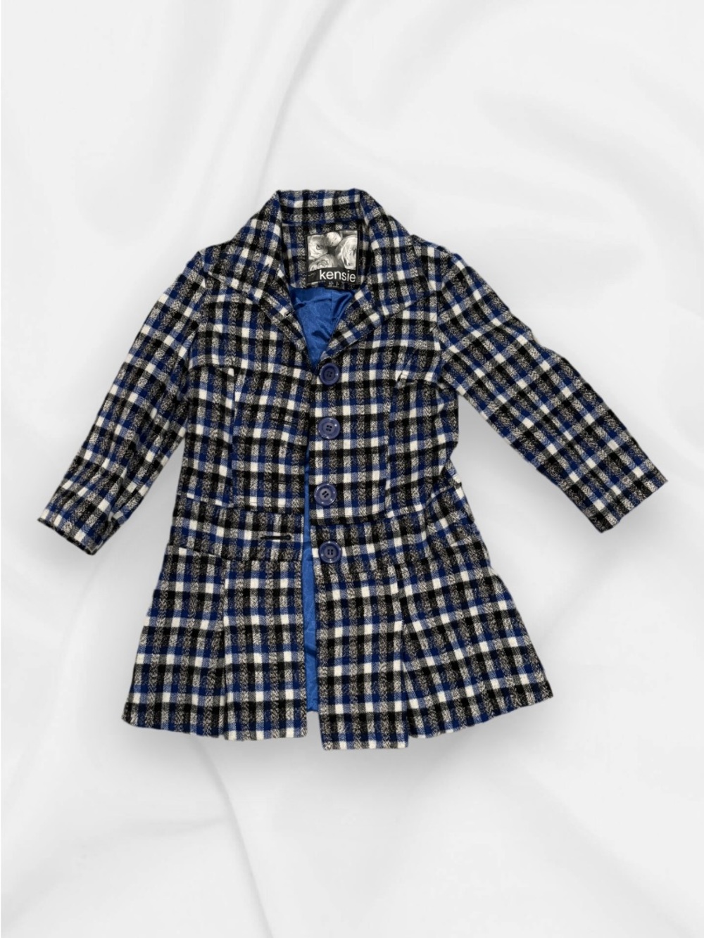 Kensie Juniors Navy and White Plaid Pea Coat